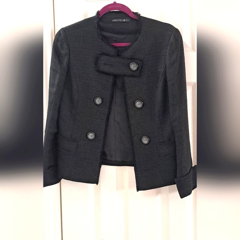 LAFAYETTE 148 NEW YORK Black Linen Fringe Blazer Open Front Sz 2